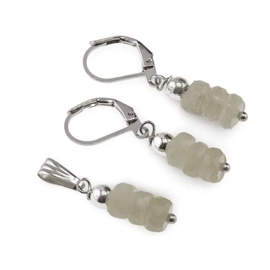 Set cercei cu agatatoare si pandantiv Piatra Lunii gri discuri fatetate, 6-7mm