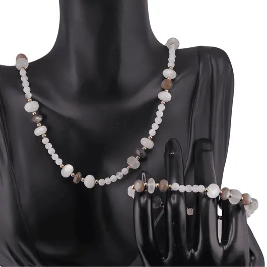 Set Colier si Bratara Piatra lunii discuri fatetate 7-9mm si sfere 4mm, imagine 3