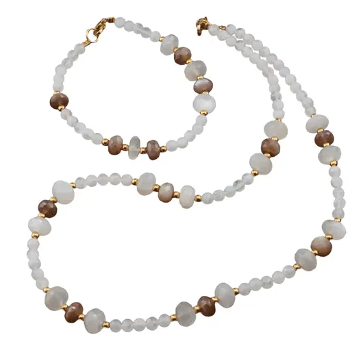 Set Colier si Bratara Piatra lunii discuri fatetate 7-9mm si sfere 4mm