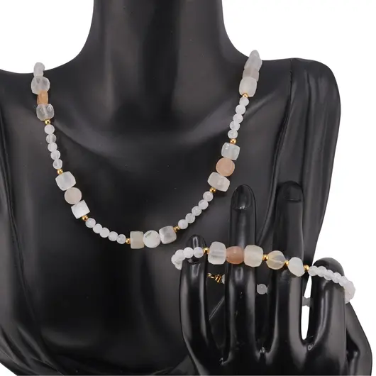 Set Colier si Bratara Piatra lunii sfere 4mm, cuburi si banuti fatetati 7mm, imagine 3
