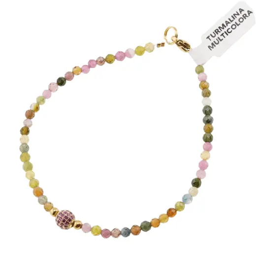 Bratara Turmalina multicolora sfere fatetate 3mm si sfera din inox auriu 6mm