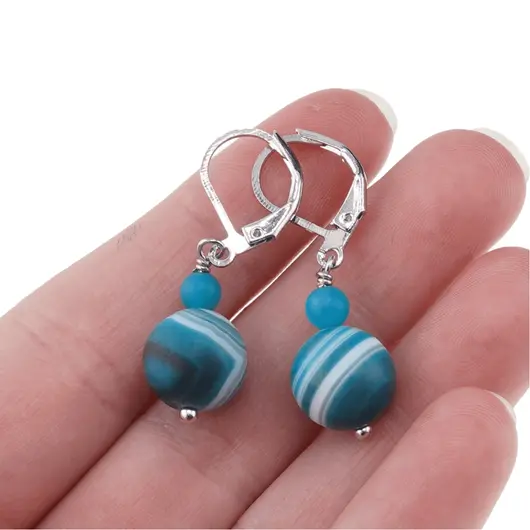Cercei cu agatatoare Agat albastru dantelat mat, sfere 10mm si 4mm, imagine 3
