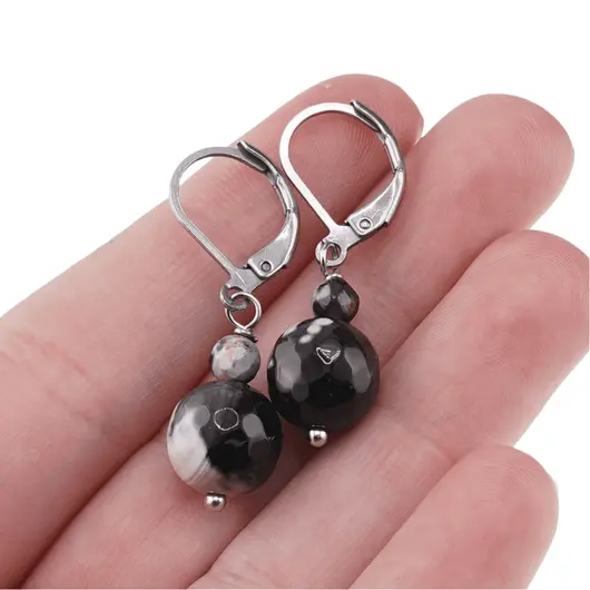 Cercei cu agatatoare Agat negru cu alb, sfere fatetate 10mm si 4mm, imagine 3