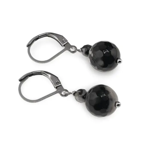 Cercei cu agatatoare Agat negru cu alb, sfere fatetate 10mm si 4mm