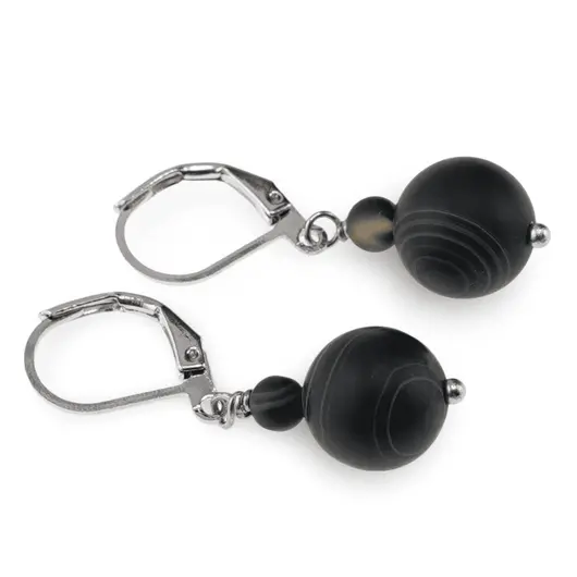 Cercei cu agatatoare Agat negru dantelat mat, sfere 10mm si 4mm