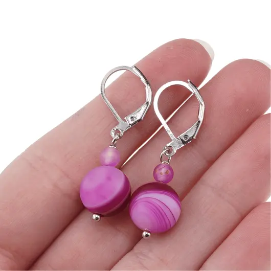 Cercei cu agatatoare Agat roz dantelat mat, sfere 10mm si 4mm, imagine 3