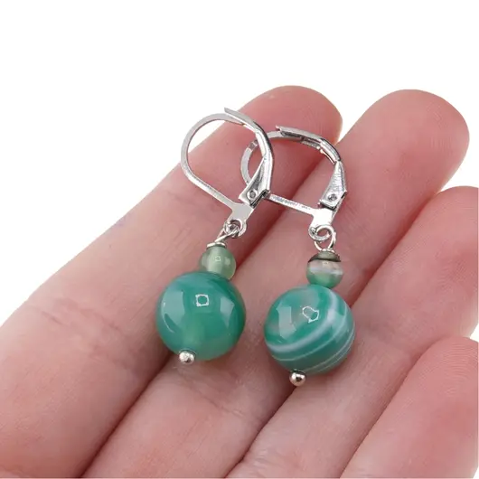 Cercei cu agatatoare Agat verde dantelat, sfere 10mm si 4mm, imagine 3