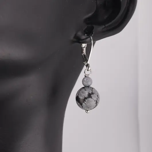 Cercei cu agatatoare Obsidian fulg de nea, sfere 10mm si 4mm, imagine 2