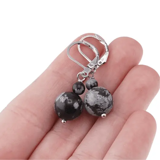 Cercei cu agatatoare Obsidian fulg de nea, sfere 10mm si 4mm, imagine 3