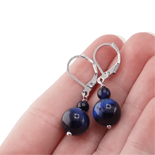 Cercei cu agatatoare Ochi de tigru albastru, sfere 10mm si 4mm, imagine 3