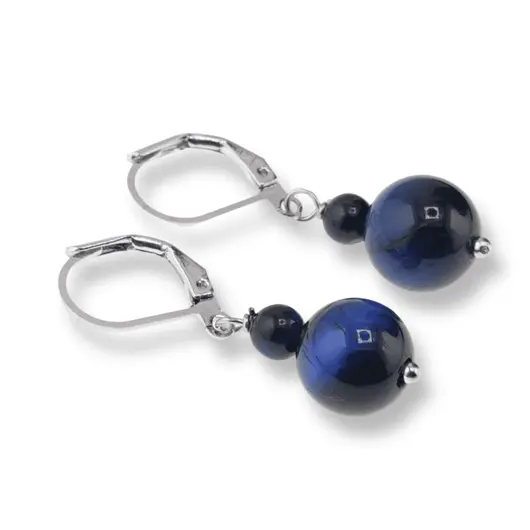 Cercei cu agatatoare Ochi de tigru albastru, sfere 10mm si 4mm