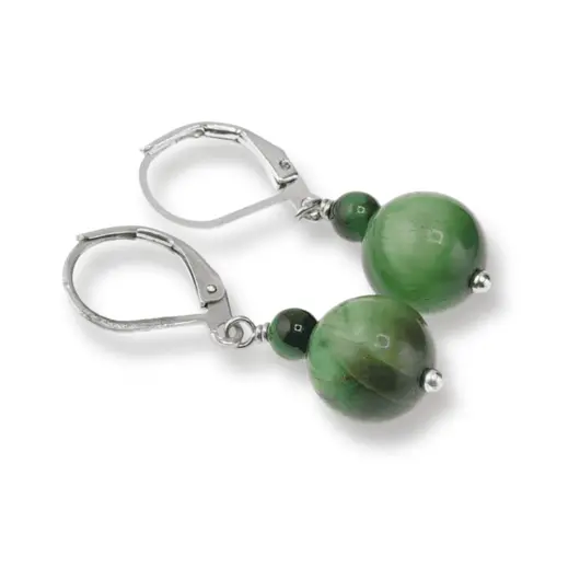 Cercei cu agatatoare Ochi de tigru verde, sfere 10mm si 4mm