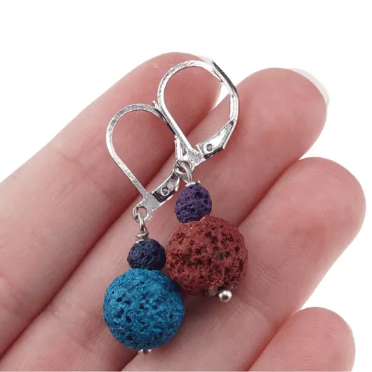 Cercei cu agatatoare Roca vulcanica multicolora, sfere 10mm si 4mm, imagine 3