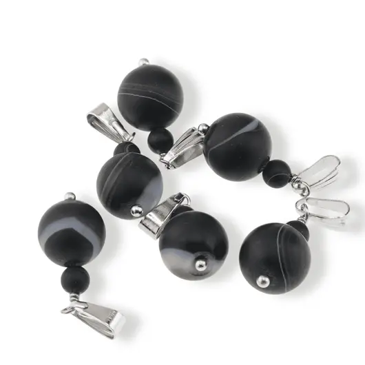 Pandantiv Agat negru dantelat mat, sfere 10mm si 4mm