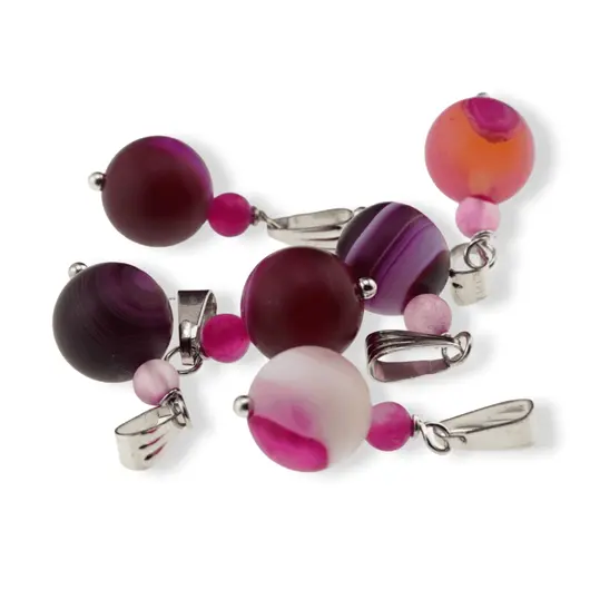 Pandantiv Agat roz dantelat mat, sfere 10mm si 4mm, imagine 2