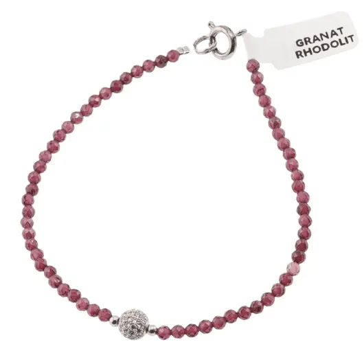 Bratara Granat Rhodolit sfere fatetate cu element argintiu, 3mm