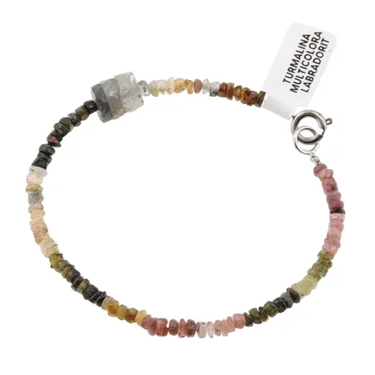 Bratara Turmalina multicolora discuri si Labradorit discuri fatetate, 3-8mm