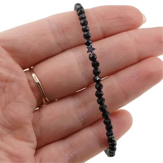 Bratara Turmalina neagra sfere fatetate cu steluta din Hematit, 4mm, imagine 3