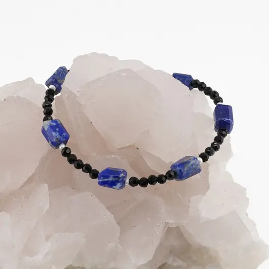 Bratara Turmalina neagra sfere fatetate si Lapis Lazuli tubular, 4-10mm, imagine 2