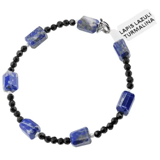 Bratara Turmalina neagra sfere fatetate si Lapis Lazuli tubular, 4-10mm
