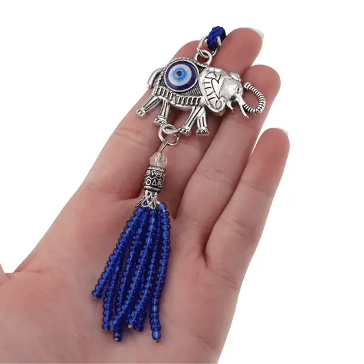 Breloc Amuleta Elefant cu ochi protector si ciucure albastru, 19cm, imagine 2