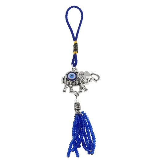 Breloc Amuleta Elefant cu ochi protector si ciucure albastru, 19cm