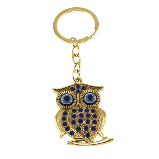 Breloc Bufnita aurie cu cristale albastre si ochi protectori, 10cm