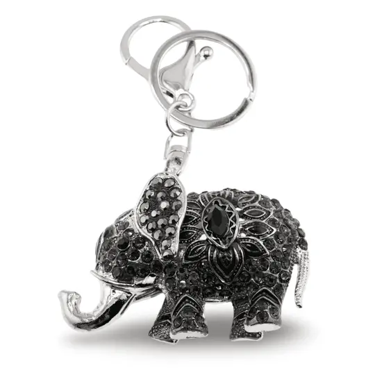 Breloc Elefant cu floare si zirconii, negru - 10cm