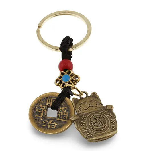 Breloc Feng Shui Amuleta cu nod mistic si pisica cu monede chinezesti, 6cm