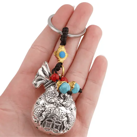 Breloc Feng Shui Amuleta cu nod mistic si sac cu simboluri chinezesti, 10cm, imagine 2