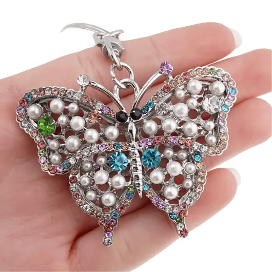 Breloc Fluture cu zirconii si perle, multicolor - 10cm, imagine 2