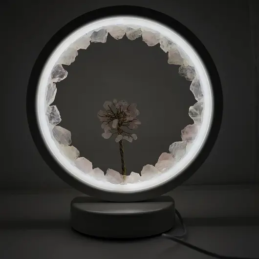 Lampa rotunda decorativa cu cristale naturale Cuart roz, USB, imagine 4