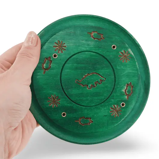 Suport lemn ardere betisoare parfumate rotund cu elefant, verde - 13cm, imagine 3