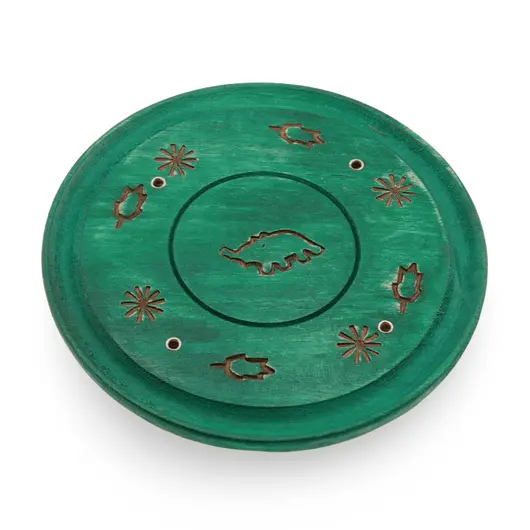 Suport lemn ardere betisoare parfumate rotund cu elefant, verde - 13cm