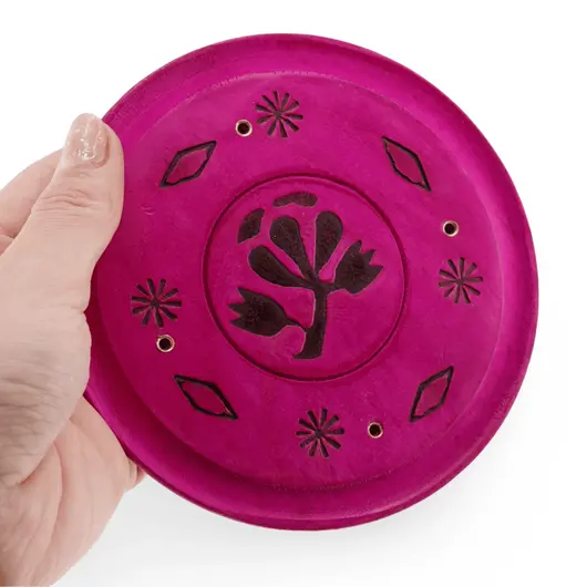 Suport lemn ardere betisoare parfumate rotund cu floare, roz - 13cm, imagine 3