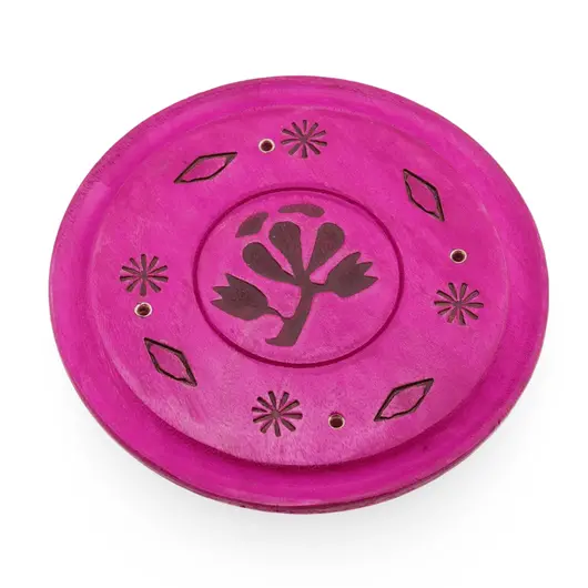 Suport lemn ardere betisoare parfumate rotund cu floare, roz - 13cm