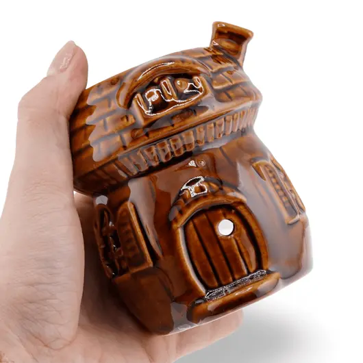 Vas aromaterapie din ceramica cu model casuta, maro - 9cm, imagine 3