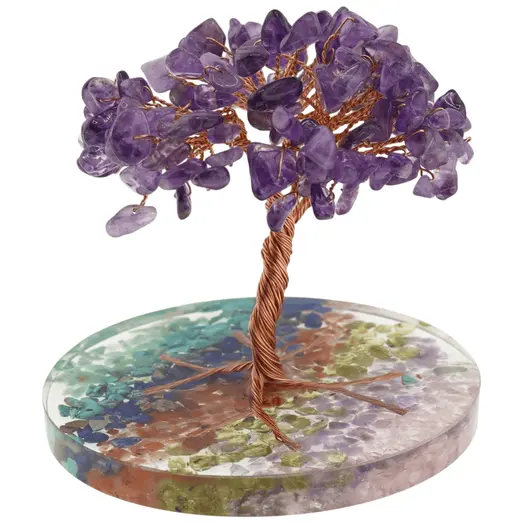 Copac Ametist chipsuri pe baza rotunda din rasina cu cristale 7 chakre, 9cm, imagine 3