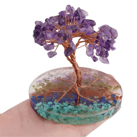Copac Ametist chipsuri pe baza rotunda din rasina cu cristale 7 chakre, 9cm, imagine 4