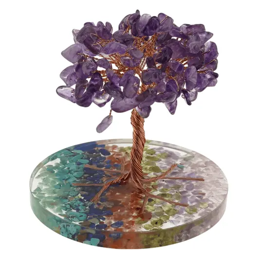 Copac Ametist chipsuri pe baza rotunda din rasina cu cristale 7 chakre, 9cm