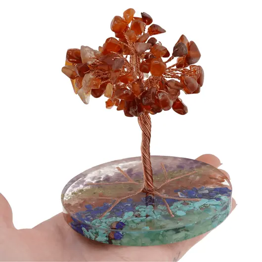 Copac Carneol chipsuri pe baza rotunda din rasina cu cristale 7 chakre, 9cm, imagine 4