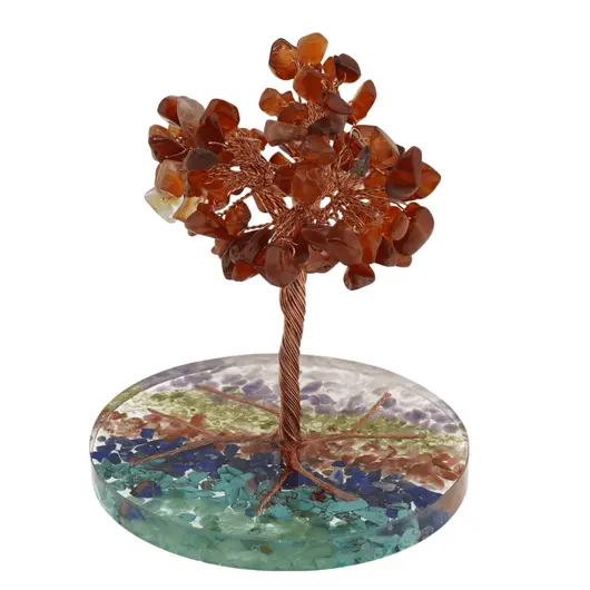 Copac Carneol chipsuri pe baza rotunda din rasina cu cristale 7 chakre, 9cm