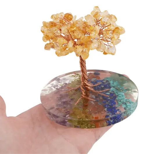 Copac Citrin chipsuri pe baza rotunda din rasina cu cristale 7 chakre, 9cm, imagine 4