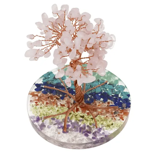 Copac Cuart roz chipsuri pe baza rotunda din rasina cu cristale 7 chakre, 9cm, imagine 2