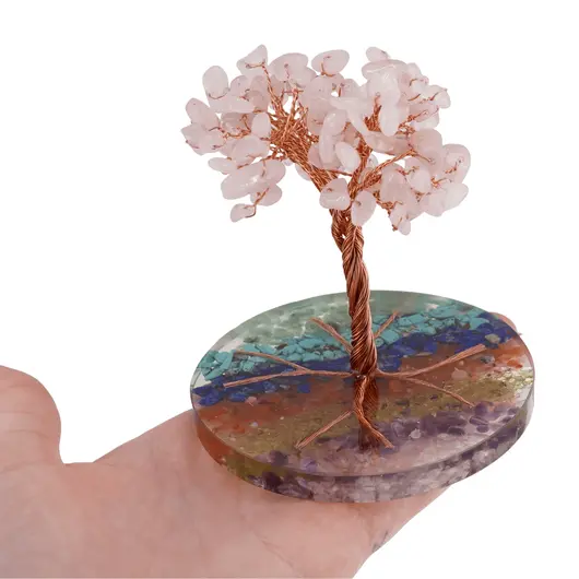 Copac Cuart roz chipsuri pe baza rotunda din rasina cu cristale 7 chakre, 9cm, imagine 4