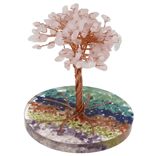 Copac Cuart roz chipsuri pe baza rotunda din rasina cu cristale 7 chakre, 9cm
