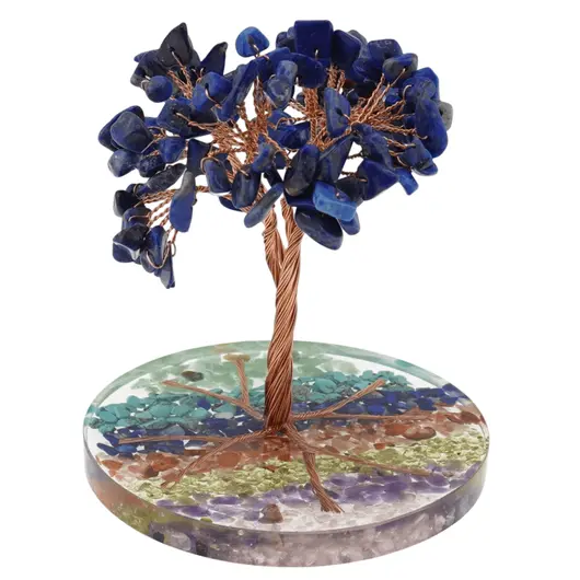 Copac Lapis Lazuli chipsuri pe baza rotunda din rasina cu cristale 7 chakre, 9cm
