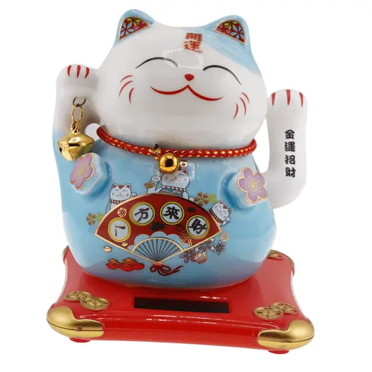 Pisica norocoasa Maneki Neko alba cu evantai - solara, 11cm