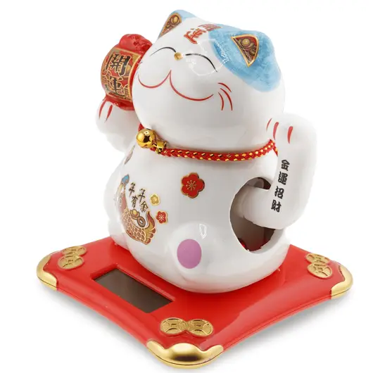 Pisica norocoasa Maneki Neko alba cu peste Koi - solara, 11cm, imagine 3