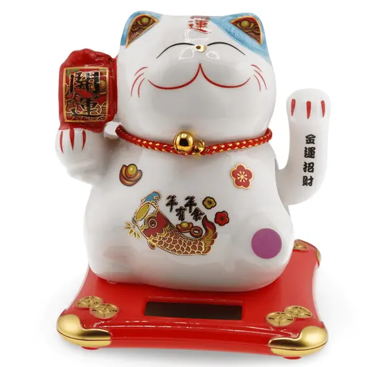 Pisica norocoasa Maneki Neko alba cu peste Koi - solara, 11cm